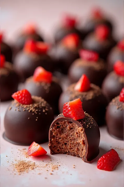 Round chocolate bites with chopped strawberries on top