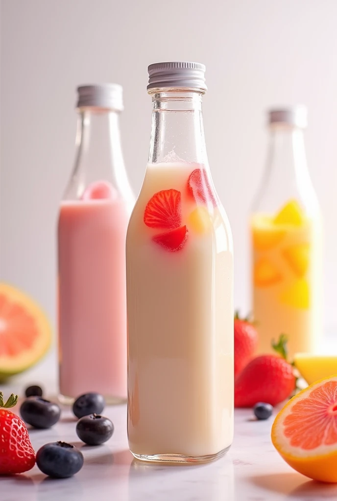 make milk drinks with chocolate, strawberry, melon, mango and blueberry flavors. there is jelly sliced in milk, packaged in a 250ml small square plastic bottle, elegant and aesthetic design, realistic photo, photo studio