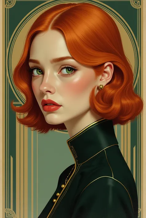 A redhead green eyes sad portrait in art deco