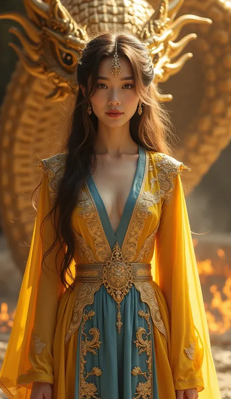 A graceful woman dressed in a traditional gold and blue dress, adorned with intricate dragon motifs, with long, flowing hair gently tousled. She has a serene yet powerful expression, standing in front of a majestic golden dragon. The background features el...