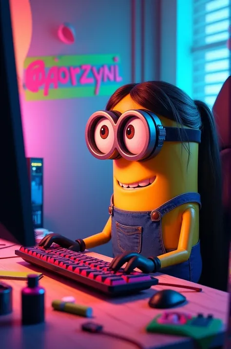  generate a photo of a minion girl playing CS Go on her computer and computer are so colored and the ponitor and keyboard and mouse and vapes are lying on the floor and written on the wall with colored tape @forzyni  и на стене нахуй написано цветной ленто...