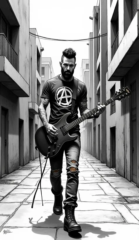 The image shows an ink illustration of a handsome punk man, beard, punk haircut, punk boots, lots of tattoos, ripped jeans and a t-shirt with the "A" for anarchy. He is walking down a strange cubist street, playing an electric guitar. Super resolution, bet...