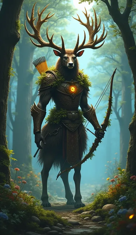 "A towering, anthropomorphic, bipedal deer with majestic antlers draped in glowing vines and blooming flowers. His fur is dark brown and he wears light, nature-inspired armor made from bark, moss, and metal engraved with forest patterns. He wields a longbo...