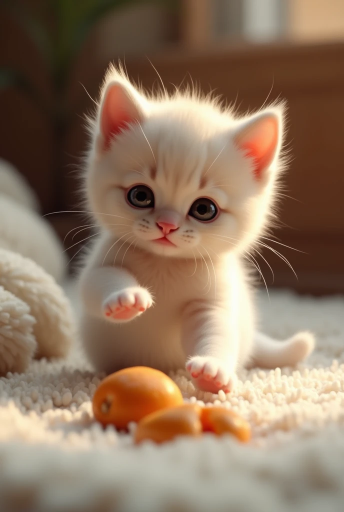 The kitten reaches for food with its paws