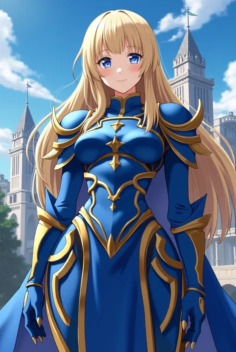 Alice from Swordart Online, castle in the background, blue and gold armor, High Resolution, Masterpiece, High Details, From Below, Anime Style, 