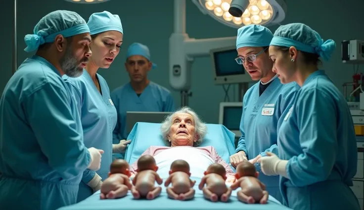 real image of a older women laying in operation theater with 2 doctors and 2 nurse around her and nine new born babies are lying in line on her bed and doctors are in shocking reaction