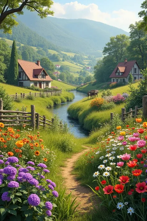 Rural European landscape image ,with many flowers 