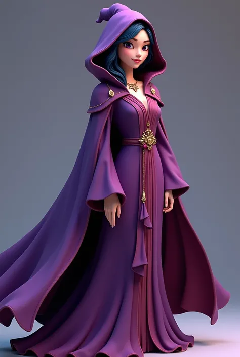 a cartoon image of a woman in a purple dress and a purple cape, a low poly render inspired by Yi Insang, polycount, renaissance, mage robe based on a toucan, dark pruple robes, ornate flowing robes, female necromancer, tattered robes, mauve and cinnabar an...