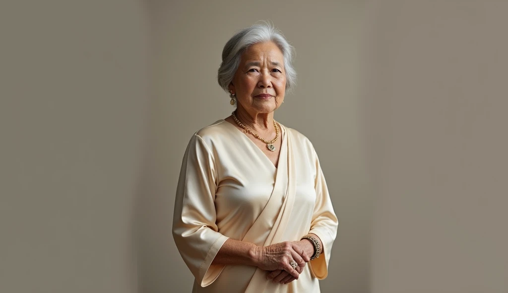 {
  "prompt": "A 70-year-old Indonesian woman dressed in an elegant silk gown, standing in front of a simple, neutral-toned backdrop. Her silver hair is neatly styled in an elegant updo, and she has a calm, neutral expression. The lighting is soft and even...