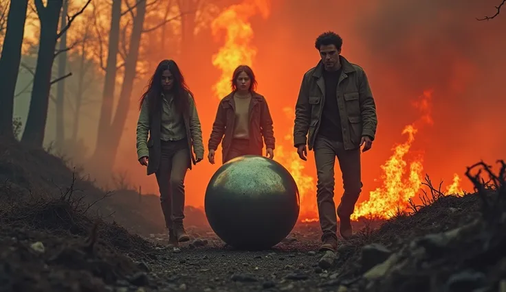 1970s scene. A woman, a man and a teenage boy stumble into the coals of a burning forest with a small metal ball lying in front of them. Smoke billows around them.