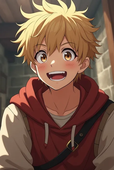  Young man with a playful look, medieval slave , with ash-blond hair . anime