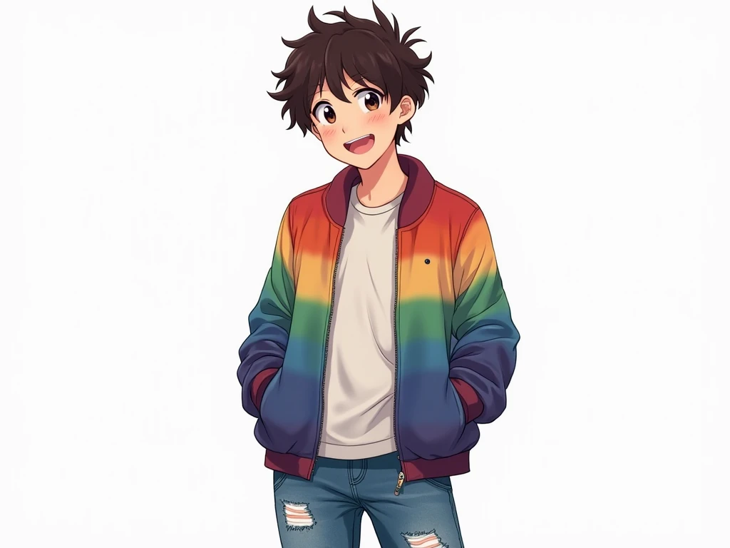  Rainbow Short Jacket，Osamu Asauchi， Ripped Jeans ，Sports shoes，Short curly hair，Dark brown hair，lively，Sunny Smile，Sideways Position ，Bright eyes，appeal，Photoreal， HD， white background ，bust， Suitable for Game Cards 。