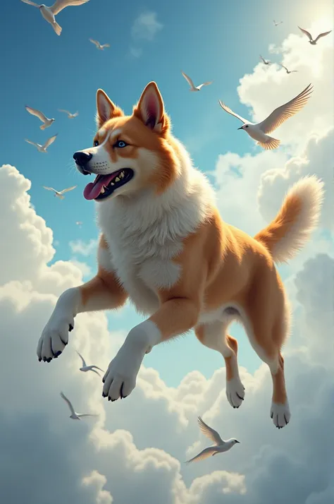 Dog flying next to him there are birds in the sky 