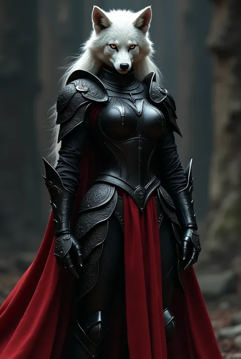 Anthropomorphic wolf woman in full body black gothic armor with red accents. Shes wearing a helmet, and has large breasts with a curvy figure.