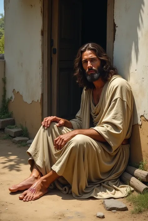 Jesus with injuries sitting on the floor in front of a simple house