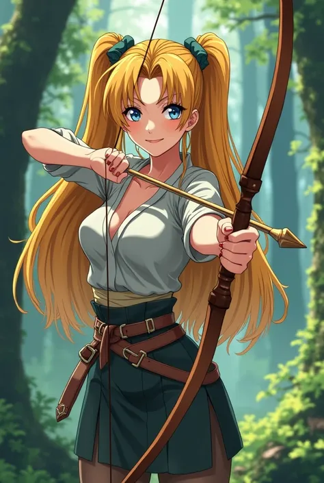  30-year-old archers apprentice , 30 years old, very beautiful and smiling .  definition ,  with a seductive look ,  Their clothes fit perfectly to her curvilinear body to the bow , In a position to throw , light skin,  of golden hair very long to the hips...