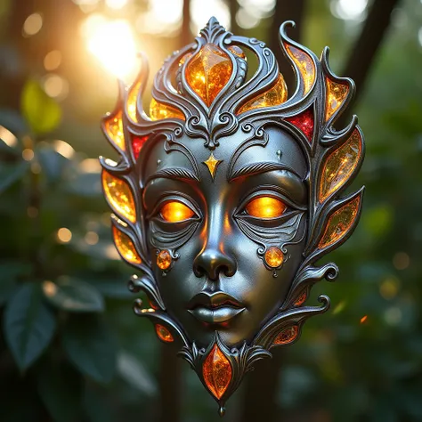 (:"Unsurpassed") The word, sunlit face, in Art Nouveau fancy script in shiny highly polished silver chrome and coloured glass reflecting a tropical garden, arte heavy metal art nouveau formas y adornos fluidos, vista de frente en fondo abierto, highlights,...