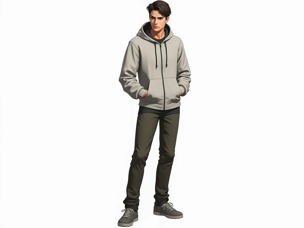 male， light gray sports jacket ， dark green underwear ，Khaki pants ， gray sneakers ，Short hair，Dark brown hair，confidence，Hands in pockets，Lean back， sharp eyesight ，Decisive temperament ，Photoreal， HD， white background ，bust， suitable for game cards