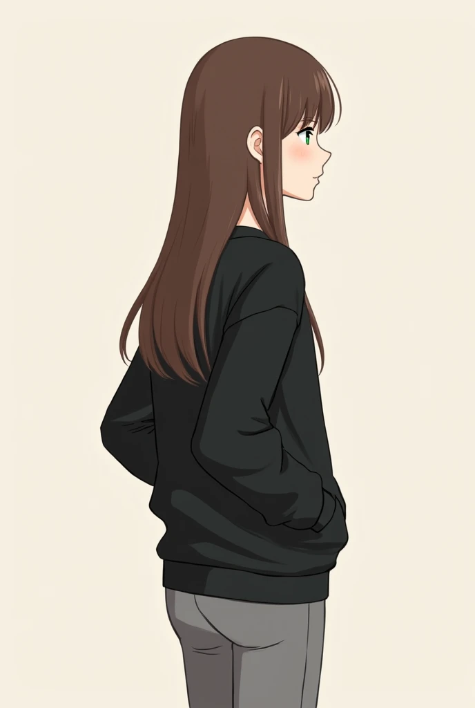 A profile picture of someone who doesnt show her face and has straight, voluminous brown hair ,  shes wearing a black sweatshirt that reaches just above her knee and her pants are tight gray and she has no fringe! 
And shes more or less thin and shes , in ...