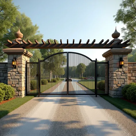  access for entry and exit of cars with security gate to aquatic center with rustic country style,  stone and wood coverings, with high height , low steel gate , gravel road or cobblestone  