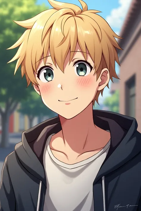 Young man with a friendly look, slave,ash blonde hair. anime