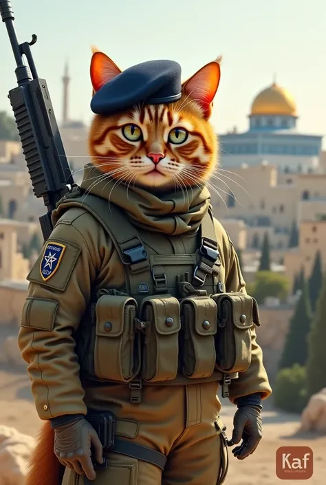 A ginger cat as an Israeli soldier, Jerusalem in the background and the name KAF as the images logo