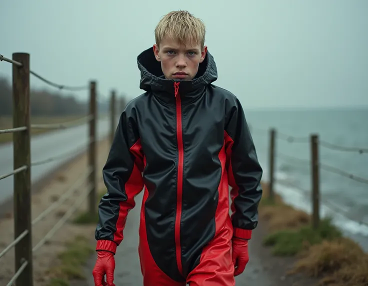  boy,short wet blonde hair,Teenagers uncensored,extremely anorexic,fearful look,Packed airtight in a shiny oversized black and red latex full protection suit and has pulled a trash bag all over his head and suffocates slowly and piled on a fence post in th...