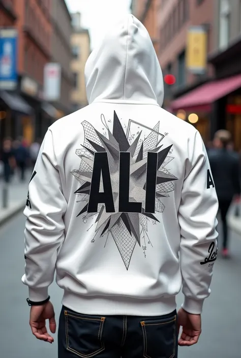 Ali name printed hoodie white in back side with more cool design 