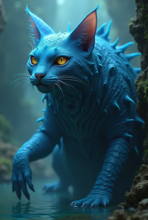  A blue feline, monstrous, with gills 