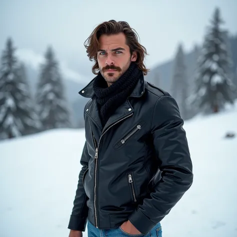 Fabio,  blue eyes , Brown hair,  semi-long , shaved on the sides. athletic body , Italian mustache , age 31 years.Black cachicol around the neck , black leather jacket. That&#39;s why jeans.   Stands in the middle of a hill on a snowy mountain,  with the g...