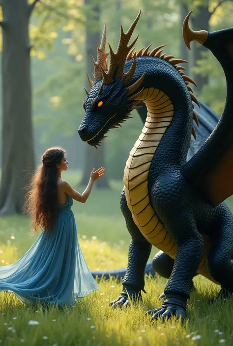 Black and gold dragon, standing on the grass with some trees. Standing beside the dragon is a woman in a blue dress, with brown hair, reaching her hand out and touching the dragon 