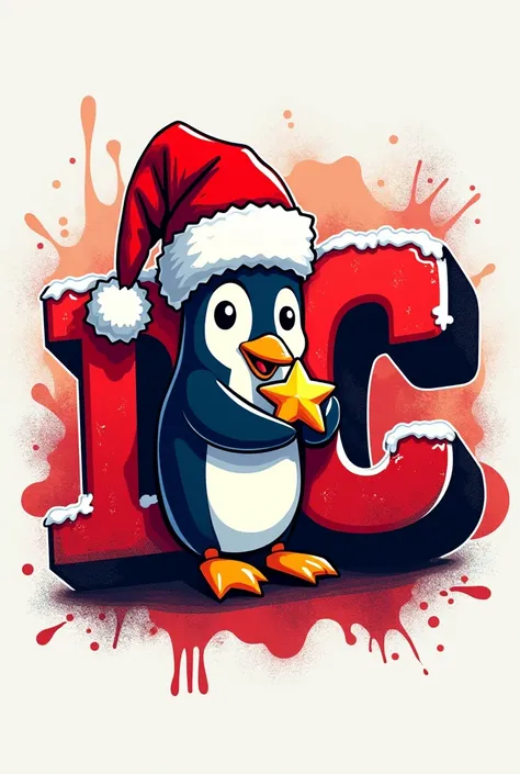 Create a logo, the letters DC, in Christmas mode, with a Santa Claus hat on top of the letters and a penguin embracing his little star in graffiti style in red and white. 