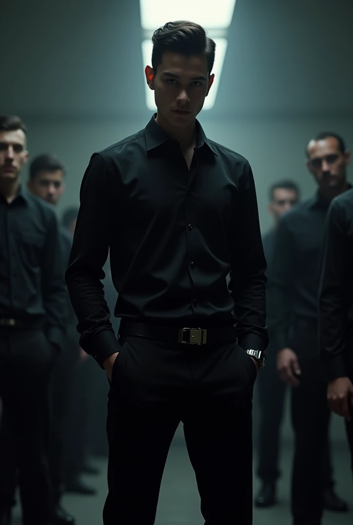 Young Mafia boss in black shirt and black pants and many trained disciples taking orders 