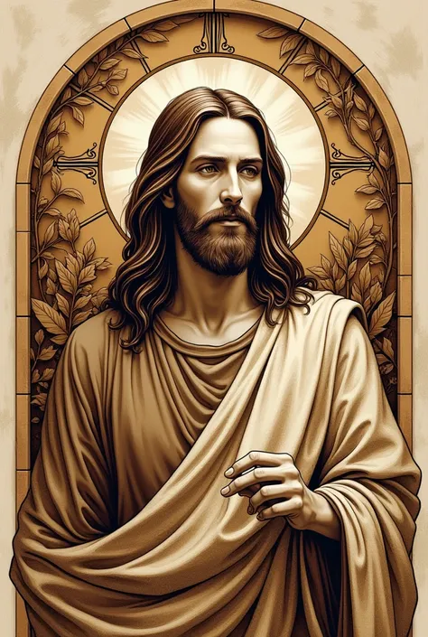 Create a realistic sketch of religious Jesus and nature themed pyrography in sepia colors as a strong stained glass in strong contours 