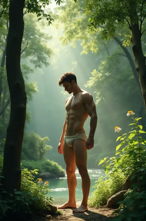 Naked man peeing in nature 