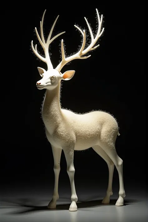 A deer sculpture made up of thin filaments painted cream and a black background