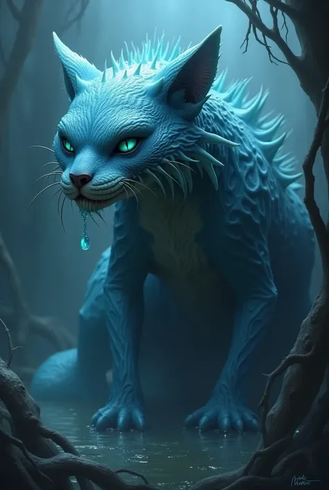  A blue feline, monstrous, with gills 