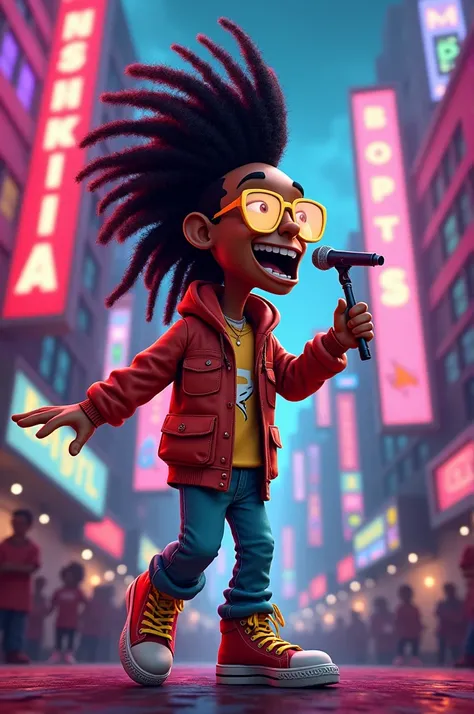 Create a rapper in a cartoon singing with dreadlocks and as a puppet