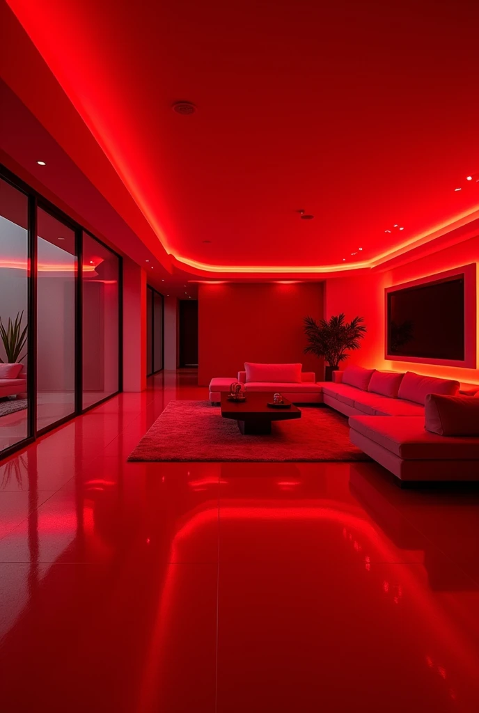 Pure red modern luxury living room with futuristic lighting
