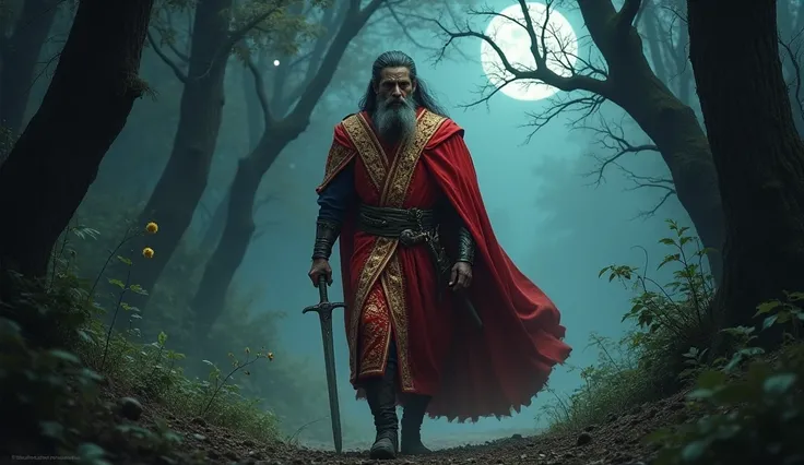 King Vikram Walking into the Forest**  
**Prompt:**  
A brave king, King Vikram, wearing a red and golden royal robe, holding a sword, walking cautiously into a dark and dense forest. His face reflects courage and determination. The moonlight filters weakl...