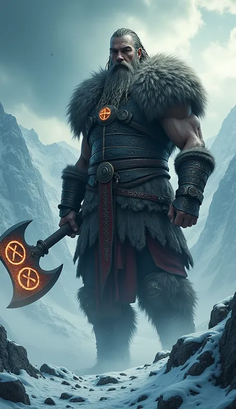 A hyper-realistic 4K image of a legendary Viking warrior standing tall and imposing, surrounded by a vivid Nordic landscape with snow-capped mountains and a stormy sky. The warrior is a giant, towering over his surroundings, with fierce, battle-hardened fe...