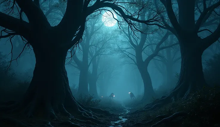 The Forest at Night with Strange Sounds**  
**Prompt:**  
A mysterious forest scene at night, filled with dense trees whose branches intertwine, blocking most of the moonlight. The scene has an eerie atmosphere with strange glowing orbs of light scattered ...