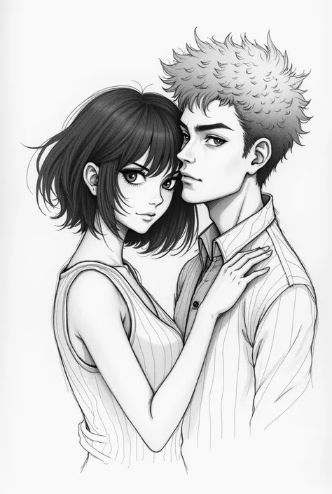 a messy pencil sketch made on paper. there is a woman with short black hair and a man with very short light curly hair on the drawing. The lines on the drawing are very messy. its a very stylistic drawing that combines anime artstyle with a semi-realittic ...