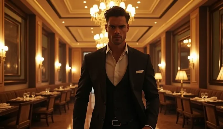 Hot sexy good looking ey catch A charismatic man, Max Carter, in an elegant tailored suit, enters a luxurious restaurant with an air of confidence, his piercing eyes scanning the room. The background exudes opulence with golden lighting and polished floors