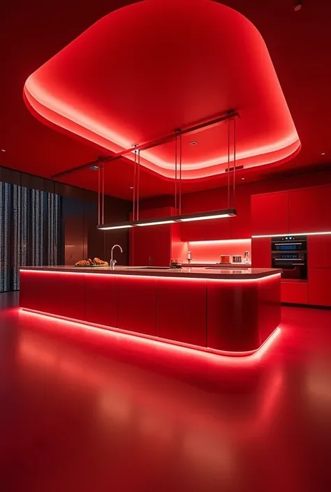 Pure red modern luxury kitchen 
with futuristic lighting
