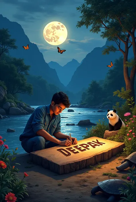 A realistic and fast photo of 20 year old boy wearing a denim shirt and jeans, carving the name " KHIYAL MUHAMMAD" precisely on a large piece of wood. The correct spelling of the name is "Deepak". This is at night. The full moon rises in the sky. On the ri...