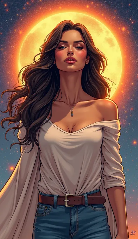 An adult American woman in comic book style, with realistic and elegant features. She is dressed in low-key, casual attire appropriate for a low-key look. She has a discreet, warm smile, and the background features vibrant colors inspired by astrological a...