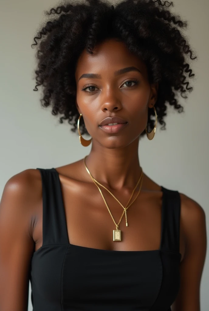 Create a high-resolution, realistic photograph of a Black Brazilian woman, framed from the waist up, wearing a stylish top with a square neckline, paired with carefully selected accessories.

Composition: The woman is accessorized with a straight necklace ...