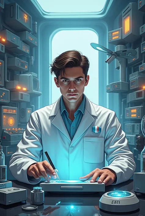 Slovenian scientist. A scientist with a white lab coat .  Various inventions and futuristic devices can be seen in the background,  reminiscent of Slovenias innovative technology .