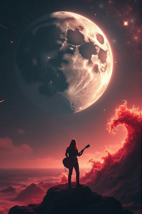 Ultra zoom big moon, many shooting stars with galaxy (metallic colors black gray colors) with bloody red fire wave, silhouette guy playing guitar 